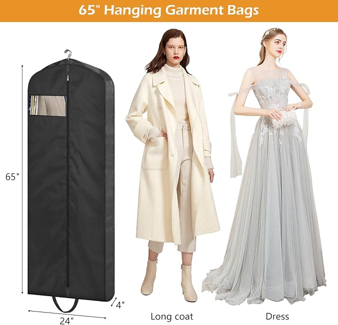 MISSLO 65" Long Garment Bags for Travel Dress Bags for Hanging Clothes 2 Packs Wedding Dress Cover Waterproof Clothes Protector for Closet Storage for Gowns, Tuxedos, Coats, Black