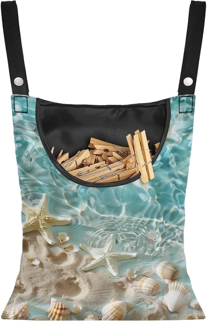Starfish Clothespin Organizer Bag Shell Beach Clothespin Bags with Hanging Hook Waterproof Clothes Pin Storage Organizer with Large Opening Clothespin Bag for Clothesline Outdoor