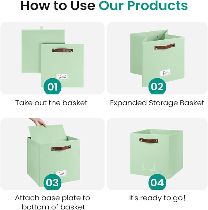 FinishingBo 13 inch Storage Bins with Labels 6 Pack | PU Leather Handles, Foldable Storage Cubes, Storage Baskets, Closet Storage, Green