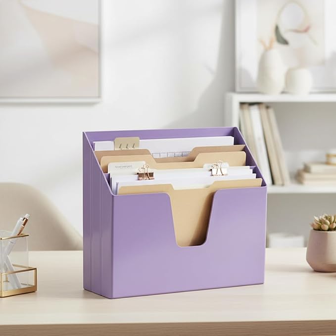 Acrimet Horizontal Triple File Folder Holder Organizer, Open Top Desktop Document Sorter for Letter Size Papers & Folders, Plastic (Solid Purple) | 3 compartments to separate and organize documents, folders and papers