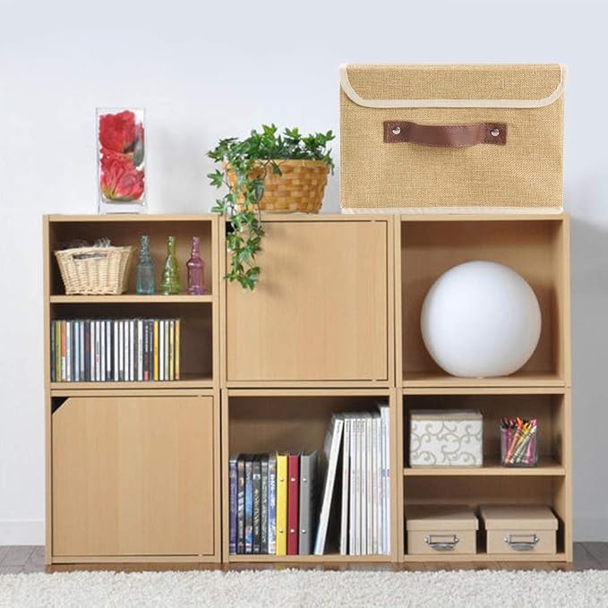 2Pack Storage Bins Boxes with Lids 15"x10"x10" Decorative Storage Baskets | Cotton Linen Fabric, Collapsible, Faux Leather Handles, Storage Cubes, Closet Shelf Clothes Organizer Container, Khaki