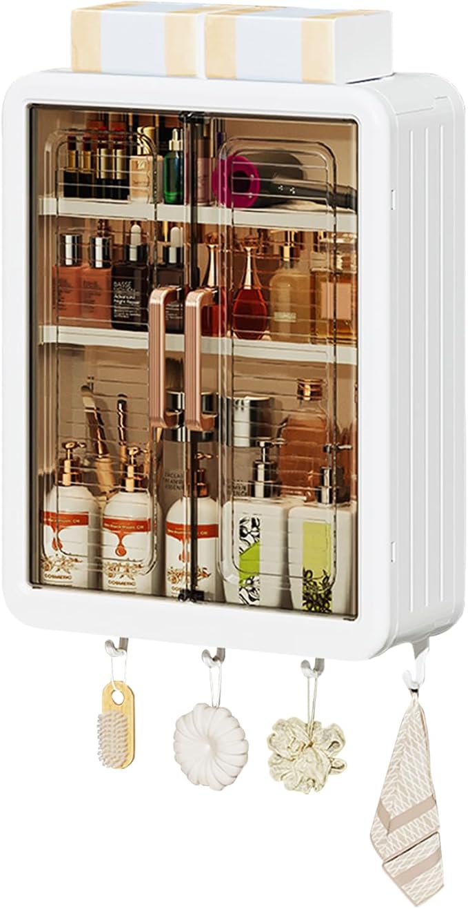 DASITON Wall Mounted Large Capacity Makeup Organizer,Dustproof Cosmetic Organizer,Bathroom Organizers and Storage,Skincare Organizers for Vanity,Bedroom(White 01)