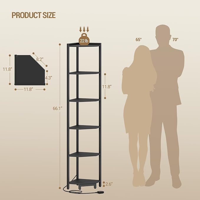 Hzuaneri Corner Shelf with LED Light 6 Tier Corner Bookshelf Standing Shelf | Tall Narrow Display Bookcase with Metal Frame for Small Space, Living Room, Home Office, Bedroom, Black CS66606B