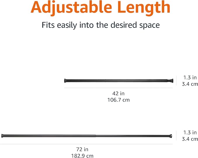 Amazon Basics No Drill Easy Install Sturdy Shower Curtain Tension Rod, Adjustable 42-73" Length, Black, Bathtub