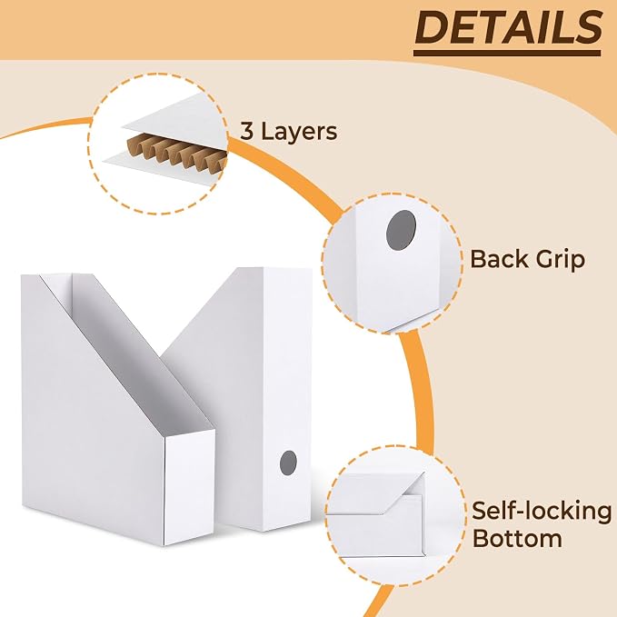 EXYGLO 6 Pack White Magazine File Holder, Cardboard Magazine Rack with Label, Foldable Storage Organizer Box for Book, Documents, 10x3.3x12 Inches