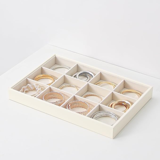 Stackable Jewelry Organizer Tray For Drawers,White Leather Small Earring Storage Tray,Bracelet And Necklace Display Box,Jewelry Ring Display Case (12 Grids)