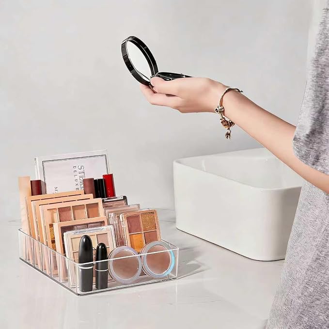 WECHENG Clear Plastic Acrylic Makeup Organizer for Makeup Palette Organizer, 7 Slots Cosmetic Organizer for Vanity Countertop & Drawer, Holder for Eyeshadow Palettes, Blushes, Lipstick