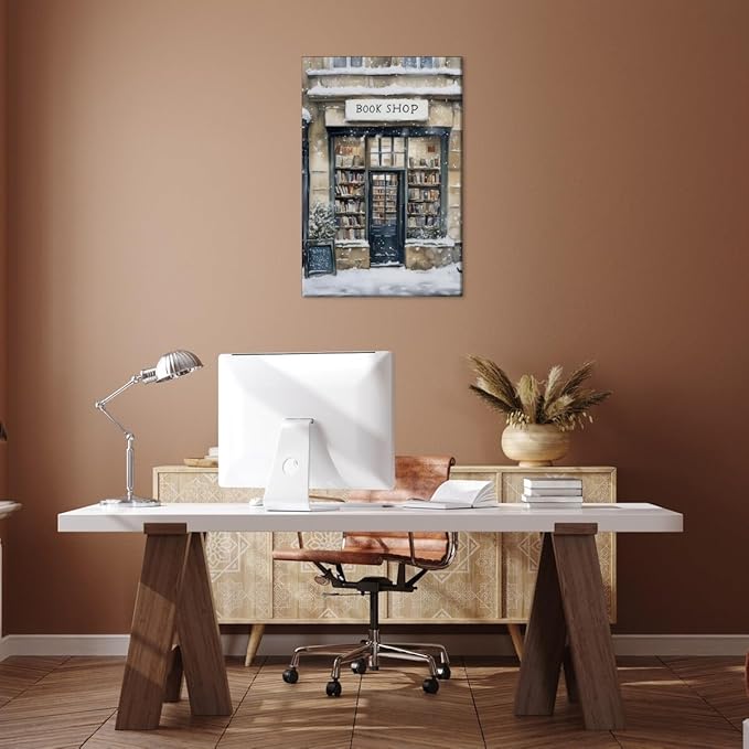 Winter Snowy Bookshop Art Aesthetic Poster Canvas Wall Art Decoration Living Room Home Decor Bedroom Decoration Poster Framed20x30inch
