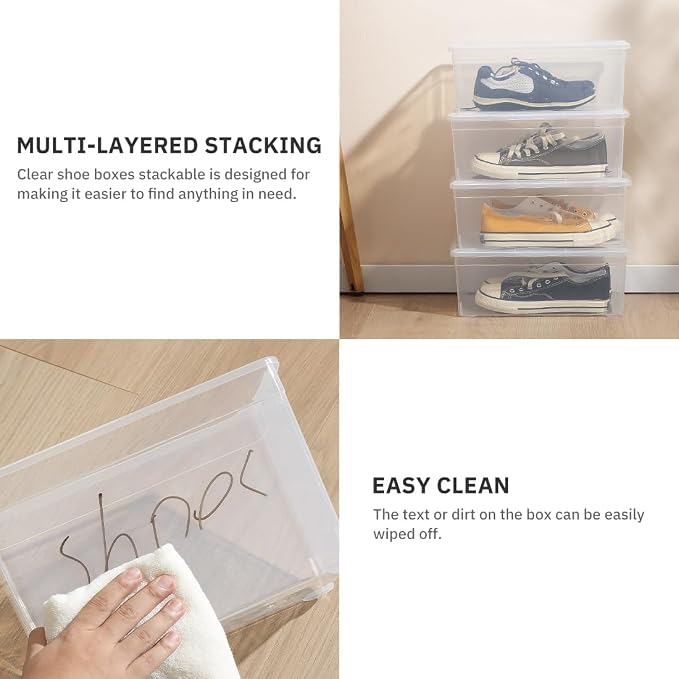 Shoe Storage Box Clear Plastic Stackable Storage box with Lid Durable Closet Containers for Shoes, Crafts and Art Supplies (10 Pack)