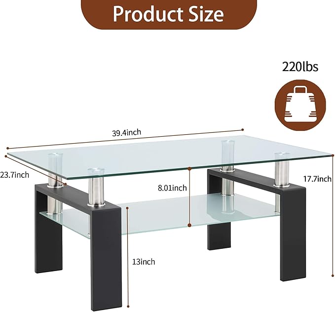 Meihua Rectangle Glass Coffee Table 2-Tier Tea Table Modern Center Coffee Table for Living Room