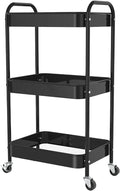 3-Tier Rolling Cart, Metal Utility Storage Carts with Wheels, Black | Multi-Functional Organizer Snack Cart Easy Assembly