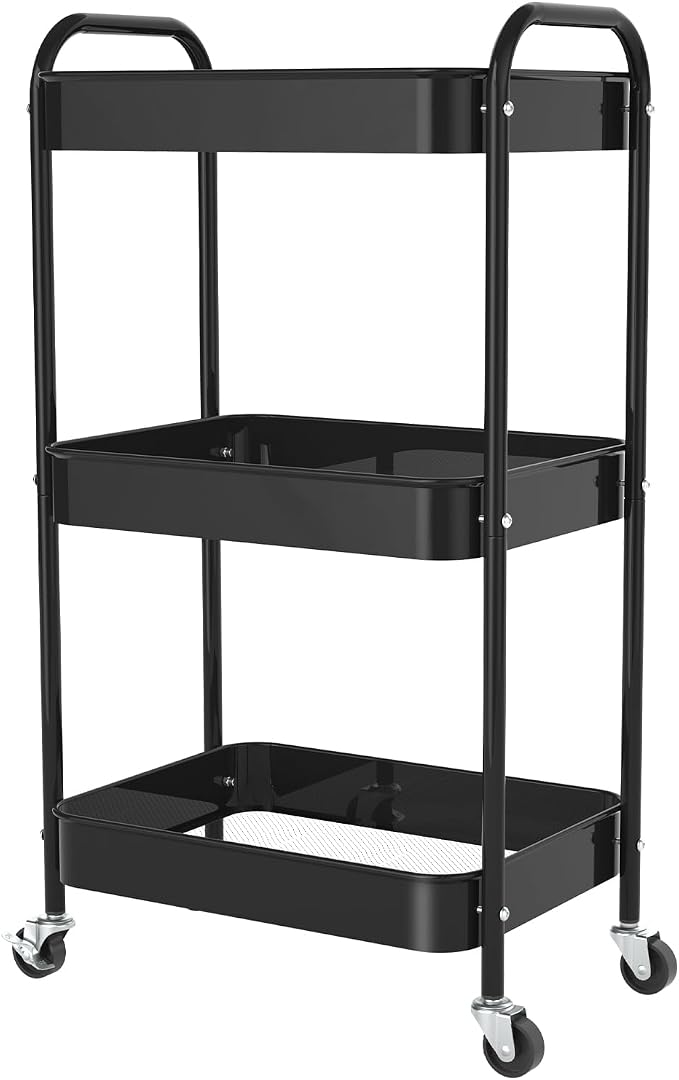 3-Tier Rolling Cart, Metal Utility Storage Carts with Wheels, Black | Multi-Functional Organizer Snack Cart Easy Assembly