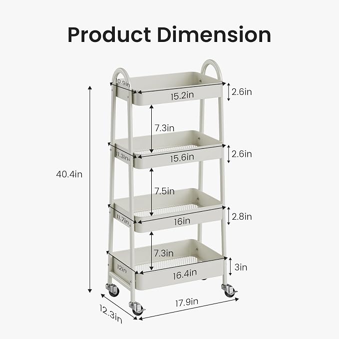 DUMOS 4 Tiers Rolling Utility Cart, Storage Organizer, Shelving Unit | Metal, Lockable Wheels, Mobile, Kitchen, Bathroom, Laundry, Narrow Places, White