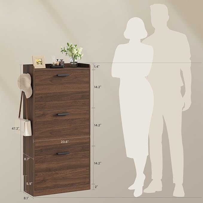 Shoe Cabinet Organizer with 3 Flip Drawers, Freestanding Shoe Storage Cabinet, Adjustable and Removable Dividers, 23.6"W x 8.7"D x 47.2"H Narrow Shoe Rack for Entryway, Foyer, Hallway, Walnut