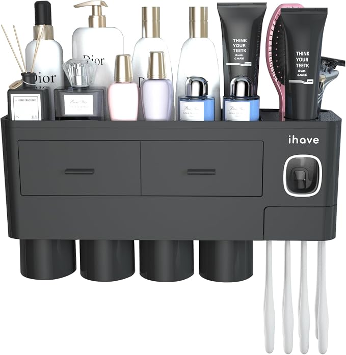 iHave Toothbrush Holders Wall Mounted with Toothpaste Dispenser & 4 Cups | All-in-One Bathroom Organizer: 4 Cups, 7 Slots, Toothpaste Dispenser, Large Tray & Drawer. Wall Mount, No Drilling Required