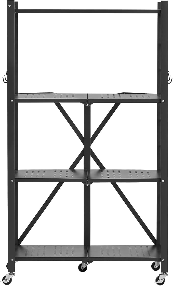 VEVOR 4-Tier Foldable Storage Shelf, 26W x 13D x 46H Inch Folding Metal Rack Shelving Unit, No Assembly Organizer Shelf with 5 Wheels & 4 Hooks for Pantry, Kitchen, Garage, Basement, Black