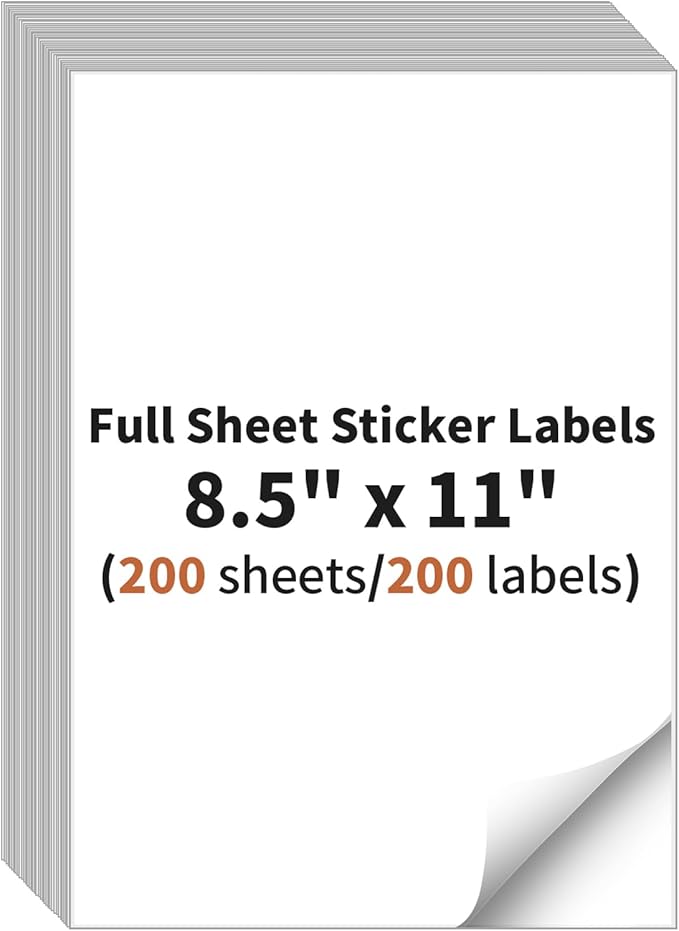 Full Sheet Sticker Labels, 8.5" x 11" Shipping Labels Paper (200 Sheets, 200 Labels), Self Adhesive Full Sheet White Matte Label Paper, Address Sticker Labels for Laser & Inkjet Printer