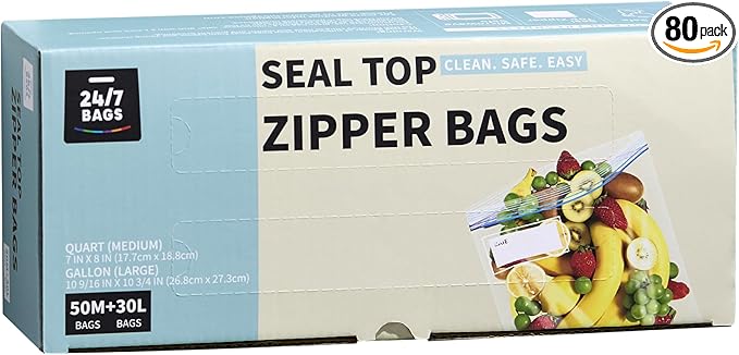 Double Zipper Food Storage Bags, Combo Pack, Quart and Gallon Sizes, BPA-Free, Heavy Duty (50 Quart and 30 Gallon in One Box)