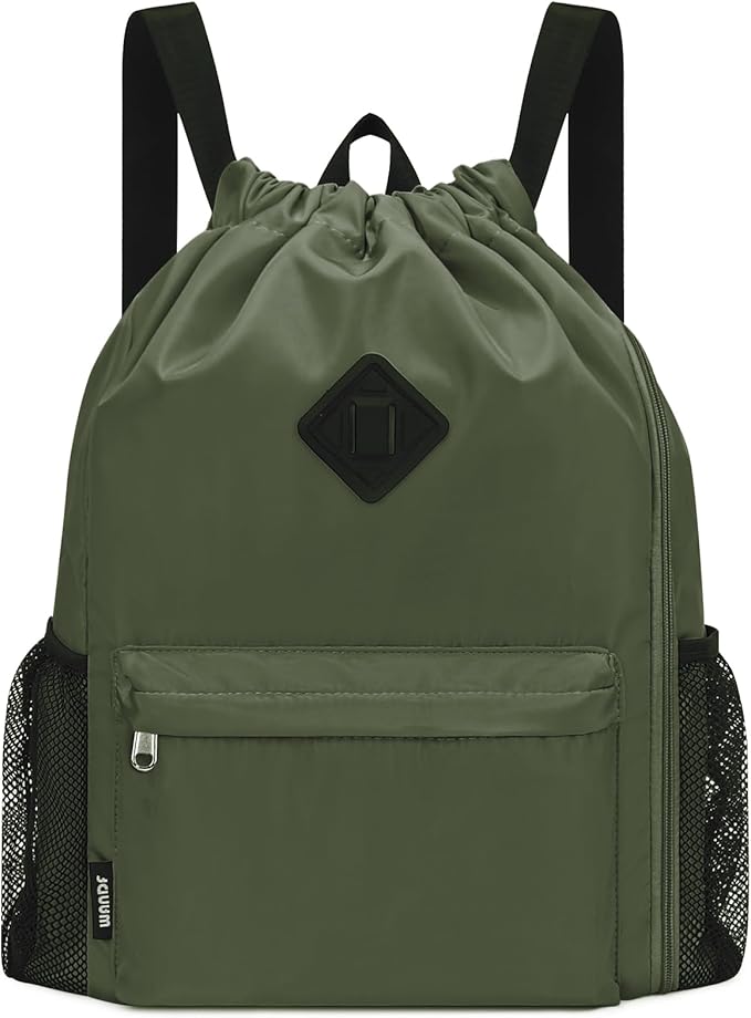 WANDF Drawstring Backpack with Shoe Compartment, Sports Gym Bag | Multi-Pocket Storage, Water-Resistant Fabric, Cinch String Bag