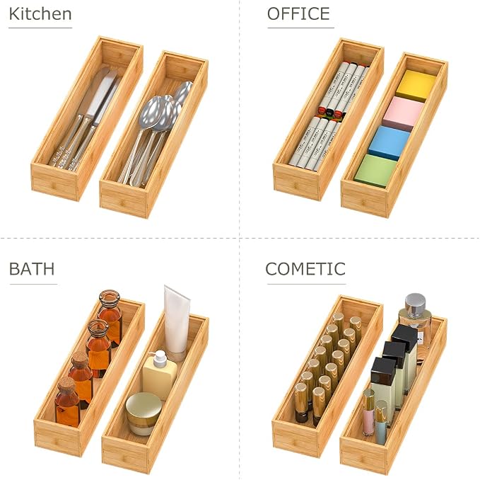 Bamboo Kitchen Drawer Organizer 12"x 3", Wooden Stackable Silverware Tray | Utensil Organizer Cutlery Holder for Kitchen, Wooden Storage Box for Bathroom, Multi-Use Storage Bins Dividers for Office