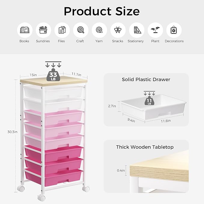 Rolling Cart with 8 Drawers, Plastic Drawer Storage Carts with Wheels & Wooden Tabletop, Metal Utility Cart Organizer for Bedroom Living Room Office Classroom Craft Organization and Storage, Pink
