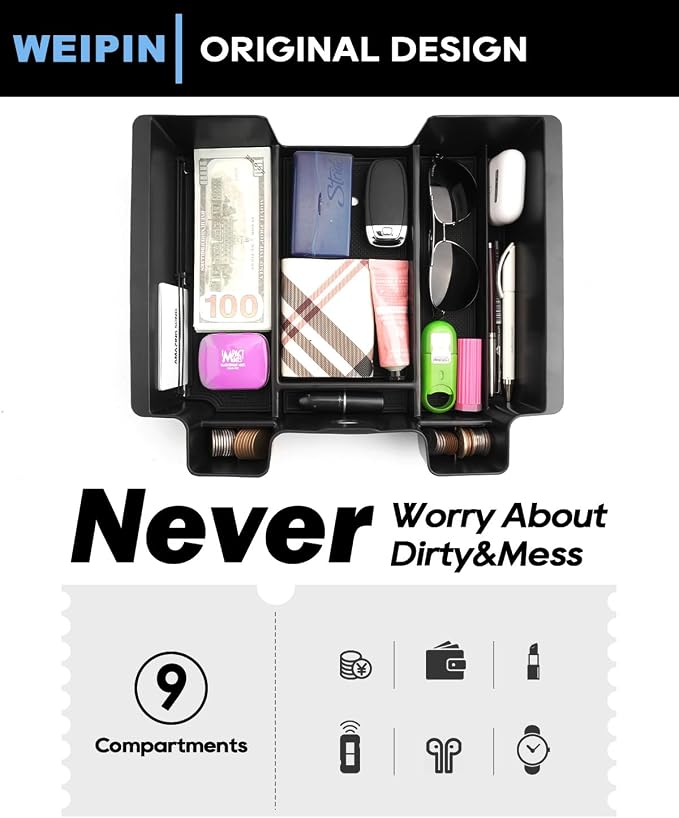 Silverado Sierra Center Console Organizer - Compatible with 2020-2022 Chevy Silverado/GMC Sierra 2500HD 3500HD Armrest - (Full Console w/Bucket Seats ONLY) - Black