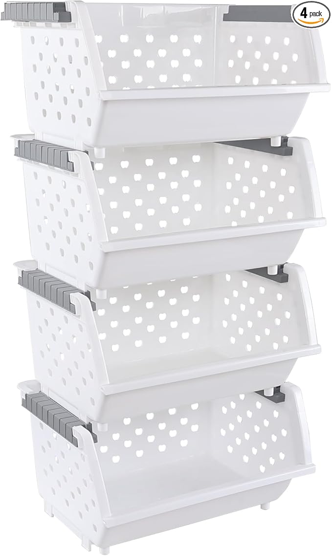 Set of 4 Plastic Stackable Storage Baskets, Stackable Organizer Bins for Kitchen, Pantry and Bathroom, White