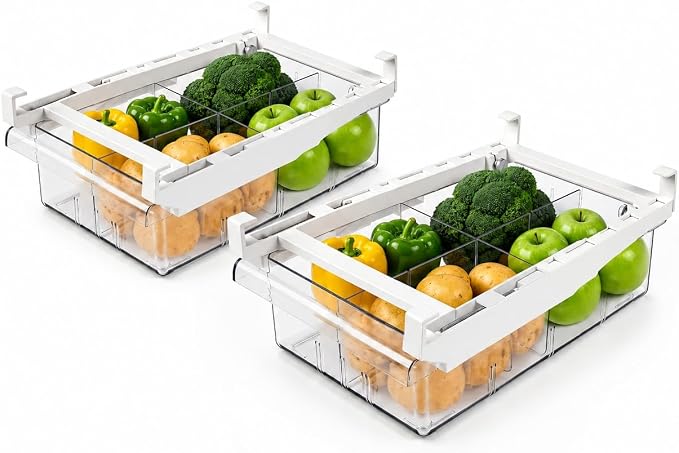 2 Pack Fridge Drawer Organizer Pull-Out Under Shelf Storage Bin | BPA-Free Clear Space-Saving Storage