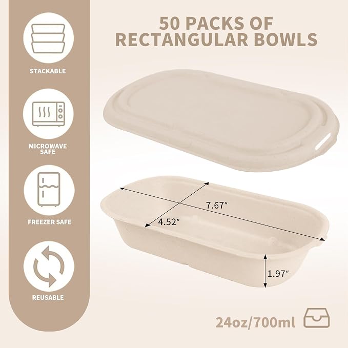50Pcs(24oz) disposable meal prep food containers with lids,microwaveable and freezable compostable, takeaway containers salad for food bowls and bento boxes.