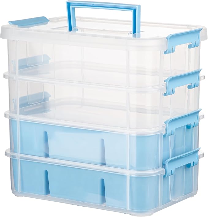 CraftGenes Art Supply Storage Organizer, 4-Tier 10 Qt Box, 2 Trays, Blue | Clear Compartments; Dual Removable Inserts; Carry Handle; Side Latches; Markers, Crayons, Brushes, Beads, Drawing Tools