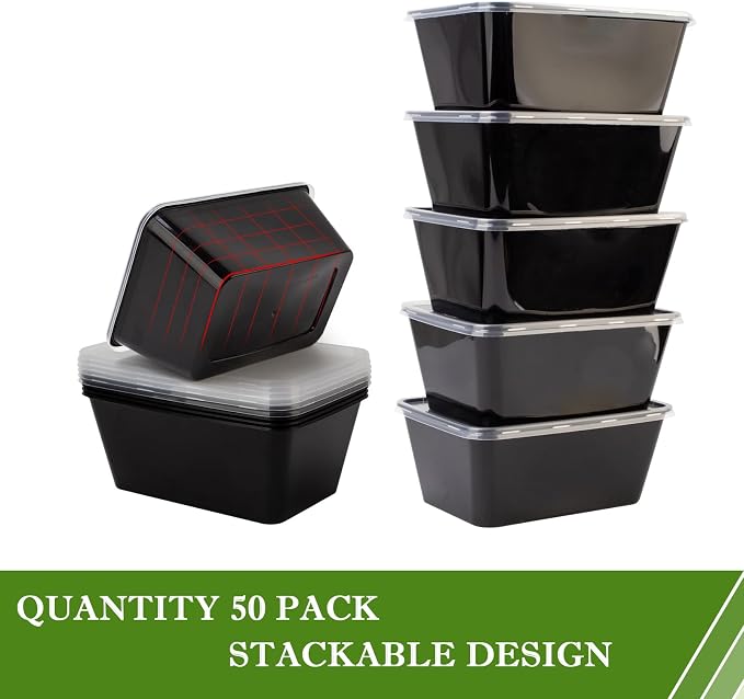 Meal Prep Containers 50Pack - 34oz Food Storage Containers with Lids, Reusable Food Prep Containers, Disposable To Go food Containers for Takeout, BPA Free, Stackable, 1000ml, Microwave/Freezer Safe