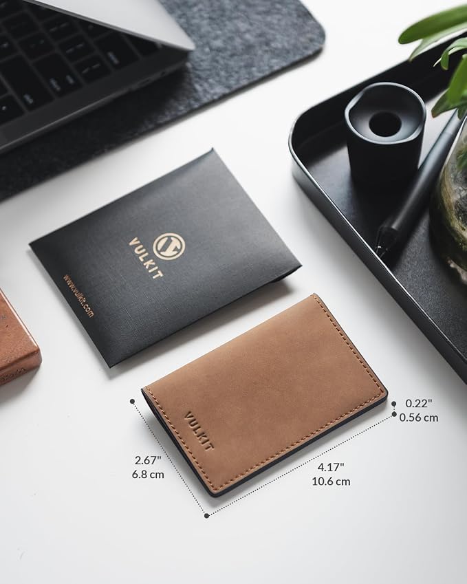 VULKIT Leather Business Card Holder 2 Sided Slim Business Name Card Organizer for Men or Women (Yangba LightBrown)