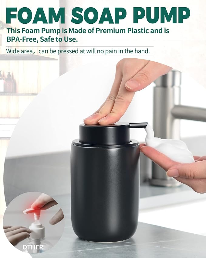 BosilunLife Black Foam Soap Dispenser, Hand Pump Dispenser for Kitchen Sink | Ceramic Foaming Hand Wash Dispenser for Bathroom Modern Farmhouse Small Soap Dispenser Lotion
