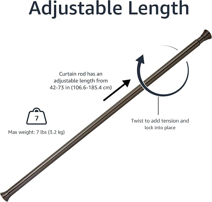 Amazon Basics No Drill Shower Curtain Tension Rod, Adjustable Length, 42-73", Bronze, Lightweight Metal