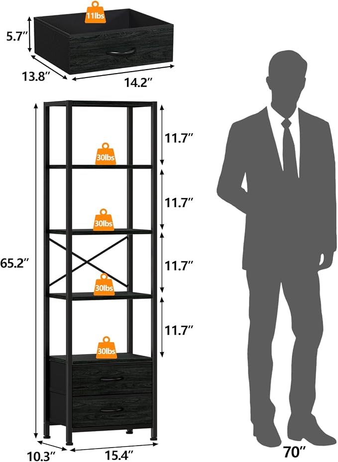 Furnulem 5-Tier Tall Corner Shelf, Narrow Bookshelf with Drawers | 65.16" H Black Bookcase,Fabric Bins and Metal Frame,Wood Display Shelf for Bedroom,Living Room,Home Office. Easy to Assemble