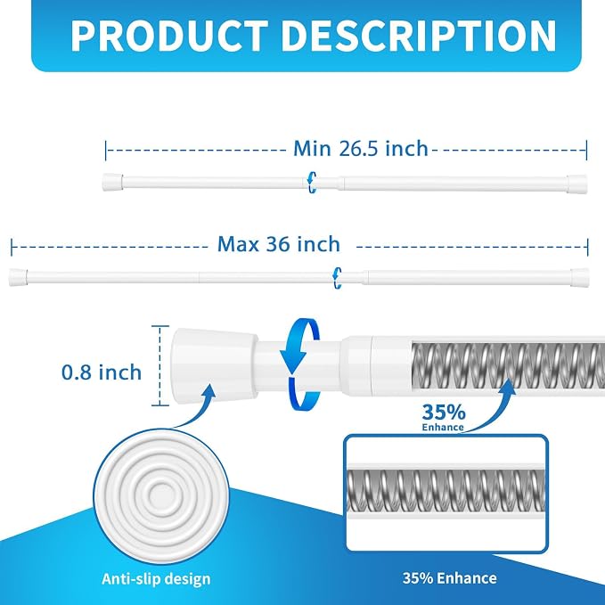 AIZESI 4 Pack Tension Rods for Windows 26.5 to 36 inch, Adjustable Expandable Pressure Spring Curtain Rods No Drilling, Curtain Rods for Kitchen Curtains, Closet Door, White