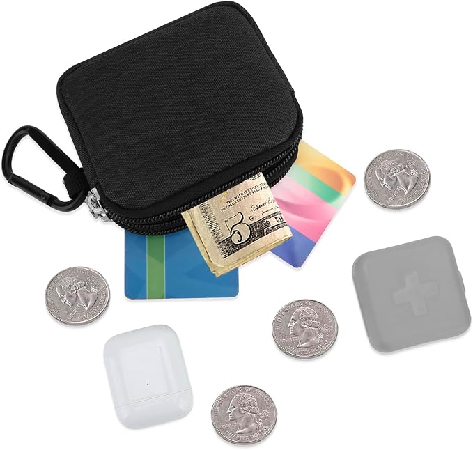 E-Tree Coin Purse with Carabiner Clip, Dual Layer Card Case Holder, Mini Pouch for AirPod Earphone Keychain USB Cable,Wallet, Small Accessories Organizer Bag for Women and Men (Black-Side Zippers)