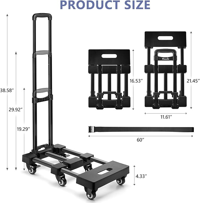 KEDSUM 550 LBS Folding Hand Truck with 6 Wheels(2 with Brake), Collapsible Dolly Cart with Wheels, Thickened Upgraded Steel Trolley Cart for Easy Moving, No-Assembly, with 1 Lashing Straps