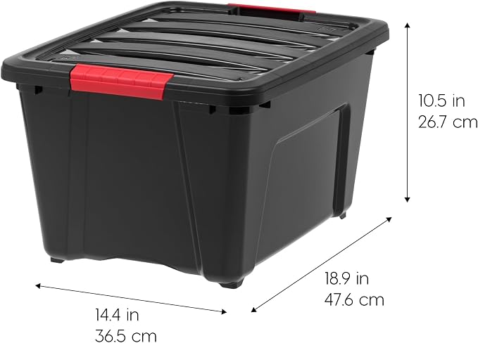 IRIS USA 32 Qt Stackable Plastic Storage Bins with Lids, 6 Pack - BPA-Free, Made in USA - Garage Organizing Solution, Latches, Durable Nestable Containers, Secure Pull Handle - Black
