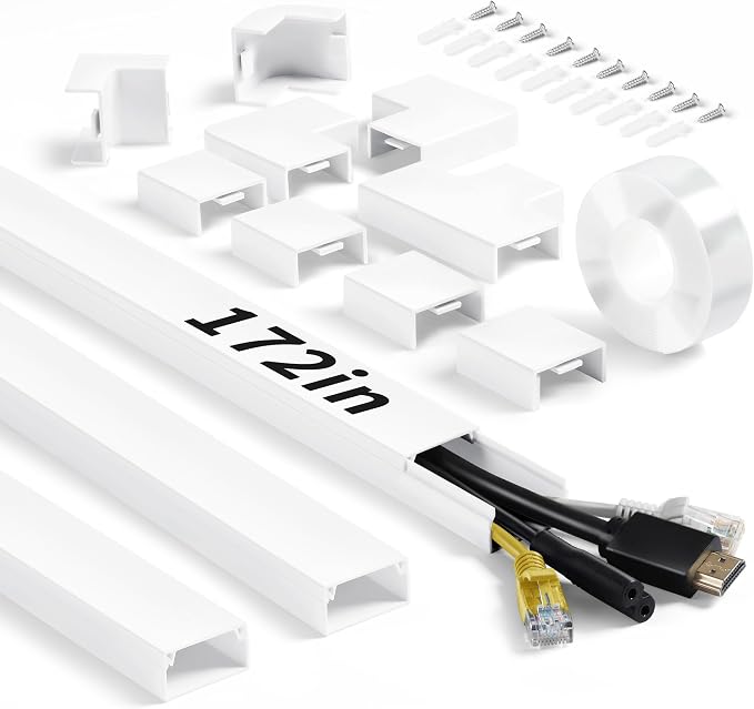 Wall Cable Hider to 3-4 Wires, LZEOY 172in Cord Hider for Wall Mount TV, White Cord Covers for Wires on Wall, Wall Cord Cover Wire Covers for Cords, Large Cable Management Kit 11xL15.7in W1.18inH0.6in