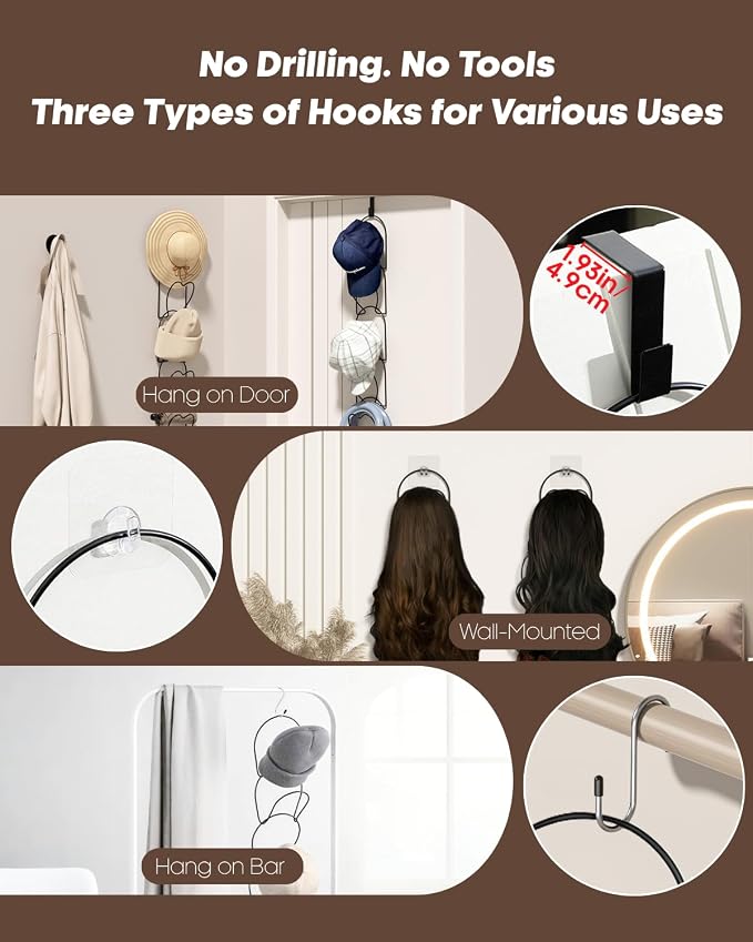 LINFIDITE 10 Pack Hat Rack for wall hat organizer for baseball caps Over Door cap hat hook storage holder hanger display Closet wig stand storage w Hanging Hook Black