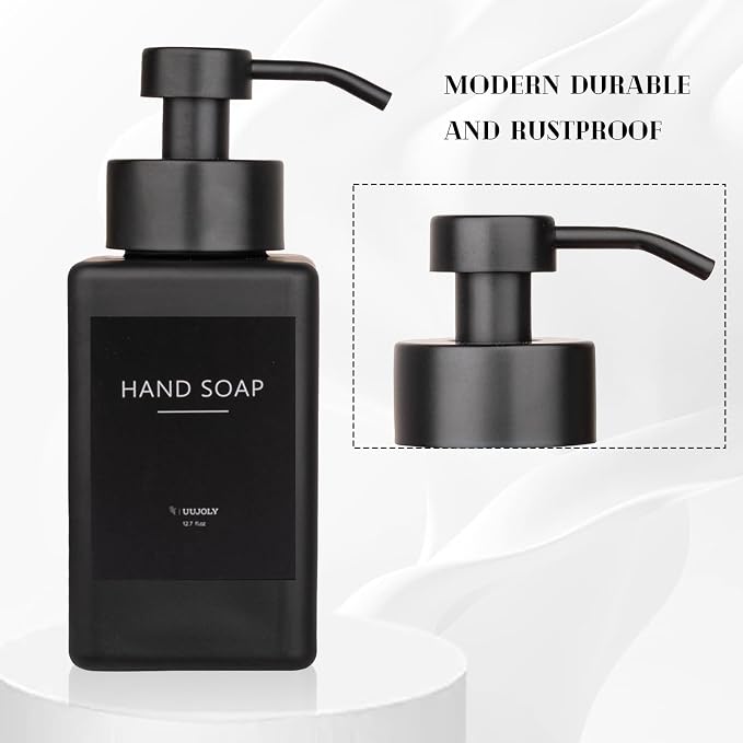Foaming Soap Dispenser with Stainless Steel Pump, 12oz Refillable Glass Liquid Dish Soap Bottles for Bathroom, Kitchen Sink, Home Decor