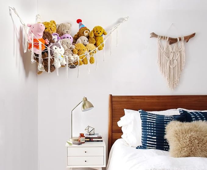 YKBU Stuffed Animals Hammock Corner Hanging Net Macrame Stuffed Animal Storage Plush Toy Holder Toy Organizer for Boho Nursery Playroom Bedroom Kids Room (cream, Large)