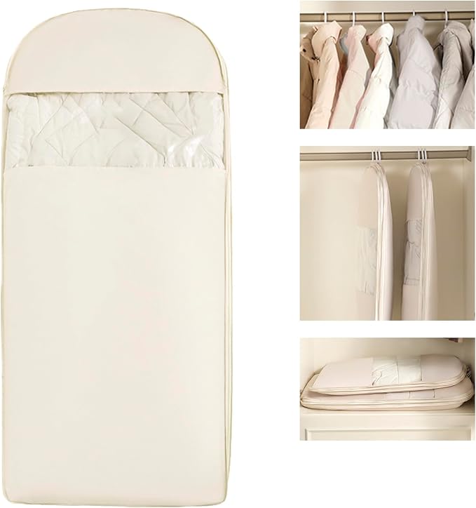 Space Saving Hanging Garment Bag with Compression Zipper. | For Closet Storage, Garment Bag for Coats and Down Jackets.(Beige,L)