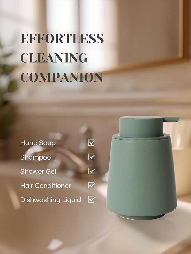 INGOFIN Ceramic Foaming Soap Dispenser -14 oz Foam Hand Soap Dispenser Bathroom Modern Refillable Dish Wash Bottle for Kitchen with Large Pump Matte Green