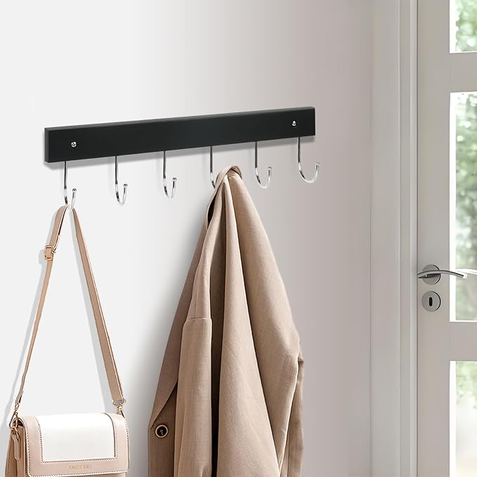 2 Pack Coat Rack Wall Mount with 12 Rotating 180° Coat Hooks, 14.6" Rustproof Wooden Entryway Organizer, Wall Hooks for Hanging Coats, Purse, Hats, Jackets, Towels, Space Saving Hanger (Black)