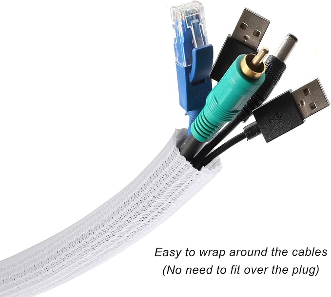 Cable Management Sleeve, Split Design, 25FT - 3/8 Inch, White | Cord Protectors from Pets | Heat & Abrasion Resistant Wire Loom | Automotive Wiring & Home Office Cable Organization