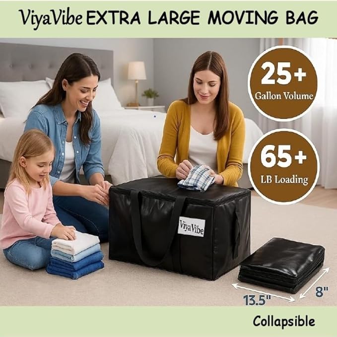 XL Moving Bag – 27"×14"×15.5" (25.4 Gal) Heavy-Duty Collapsible Storage Tote Zipper Lid & Tag Pocket — 4-Pack for Moving, College/Dorm, Laundry & Gym