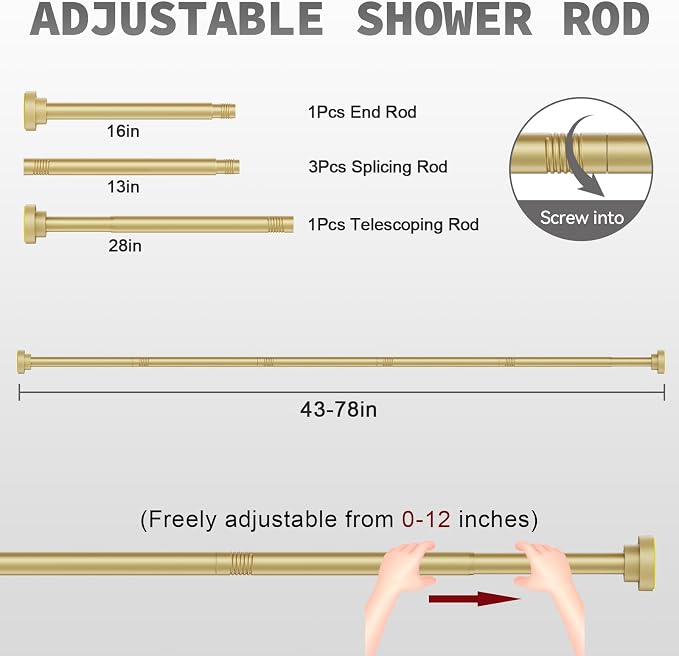 Thestoa Gold Shower Curtain Rod Adjustable 43-78 inch, 1"Diameter Spring Tension Curtain Rod No Drill, Anti-Rust Non-Slip Shower Rod for Bathroom