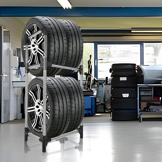 Hershii Tire Rack, Tire Storage Rack Stand Garage Storage Shelf Organizer | Rolling Tire Rack for Indoor Outdoor Use - Black + Silver 22.51'' X 14.16'' X 45.11''